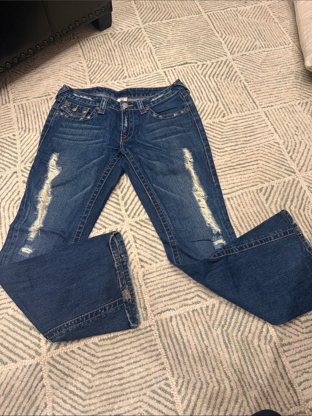 True Religion Women's Boot Cut Jeans in Dark Blue with Distressed Detailing